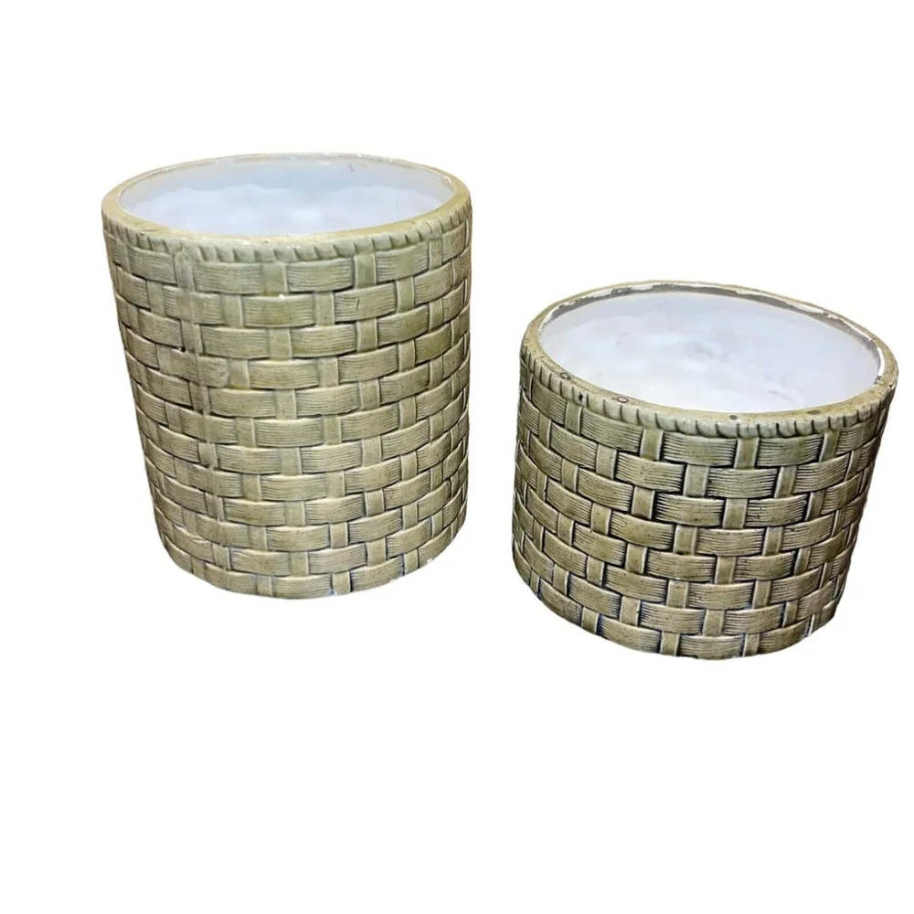 Vintage MCM‎ Green Woven Pot Planter Setof 2, 5